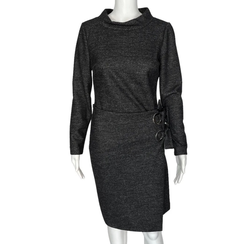 Badgley Mischka Charcoal Marled Long Sleeve  Sweater Dress 16